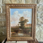 Little Bridge in the Countryside – Vintage Pastoral Painting in Ornate Gilt Frame